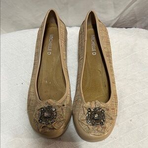 Michelle D Beige Tweed Ballet Flats with Jewelled Rosette